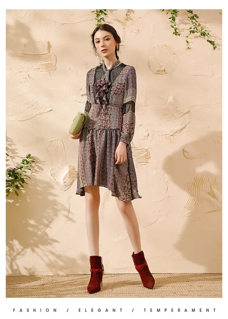 AOFULI L- 5XL Plus size Dress Women Autumn Long sleeve Floral Ruffles Vintage Dresses Knee Length