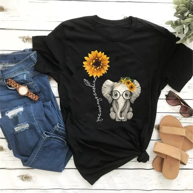 2020 Elephant sunflower print tshirt women casual short sleeve o neck tee tops for female cartoon cute t-shirts femme clothings