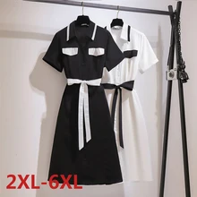 

6XL Big Size Summer Short Sleeve Solid Casual Dress Bowknot Button Turn-down Collar Shirt Dress Plus Size Women Clothing