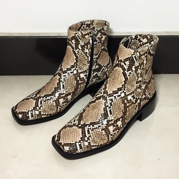 

Snake Pattern Runway Ankle Boots Women Square Toe Zipper Booties Chunky Heels Punk Cowboy Boots For Women Autumn Winter Boots