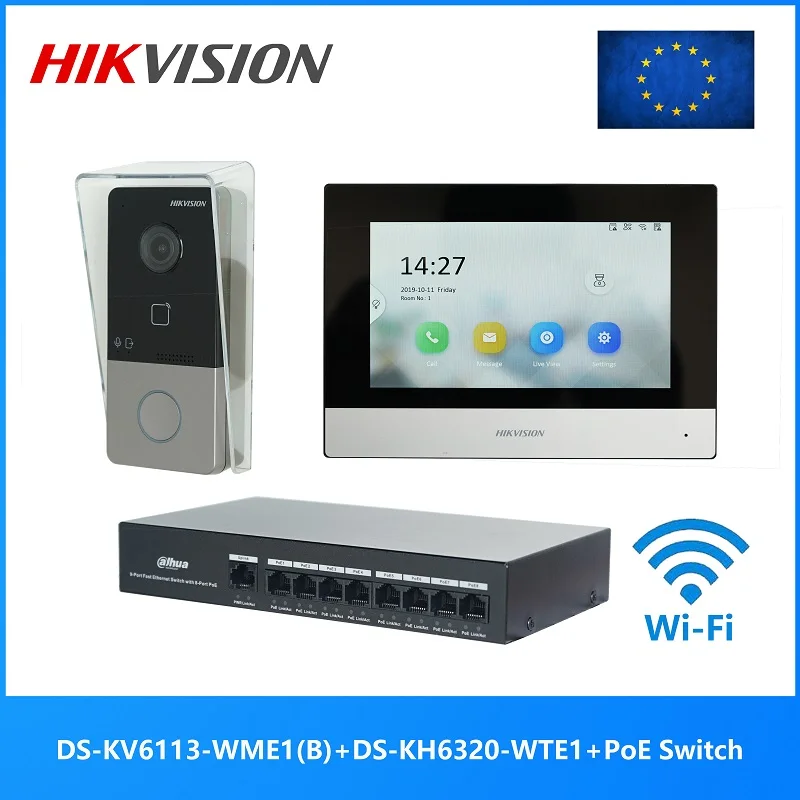 HIKVISION KIS603-P многоязычный 802.3af POE комплект видеодомофона включает DS-KV6113-WPE1(B) и