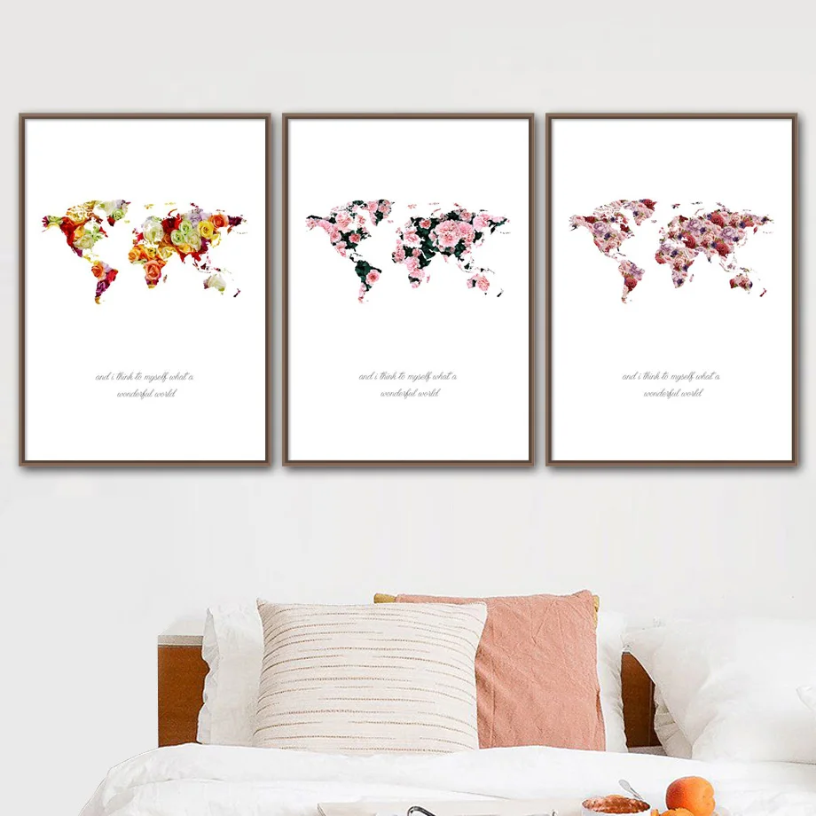 Rose Peony World Map Canvas Quotes Nordic Poster E Stampe Wall Art Canvas Painting Flower Wall Pictures For Living Room Decor
