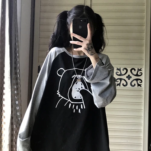 Черный Woherb Harajuku, мультяшная Футболка с принтом, топы для женщин, весна-осень, новинка, уличная одежда, футболка с длинным рукавом, Женская Корейская одежда - Цвет: Черный
