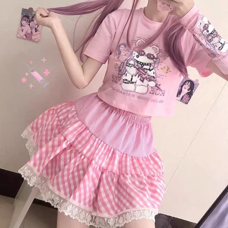 Dulce lindo Rosa Falda Mujer Harajuku y2k Encaje Coreano trim cuadros tutu falda verano colegial japonés estilo falda de cintura alta