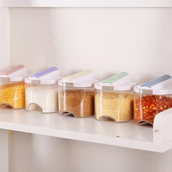 

5 Pcs Transparent Seasoning Jar Colorful Cover Seasoning Box Kitchen Tool Salt Pepper Seasoning Bottle Storage Box Container