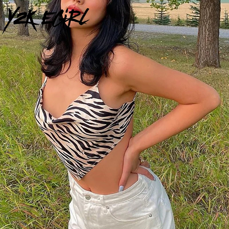 

Y2K EGIRL Wild Chain Spaghetti Strap Amimal Printing Cropped Tops Vintage 2000s Aesthetics Backless Sexy Cami Top Fashion Chic