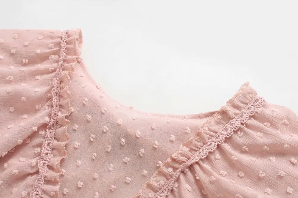 Милое женское длинное платье в розовый горошек с рюшами элегантное женское сексуальное платье с открытой спиной и круглым вырезом с коротким рукавом ТРАПЕЦИЕВИДНОЕ летнее шифоновое платье