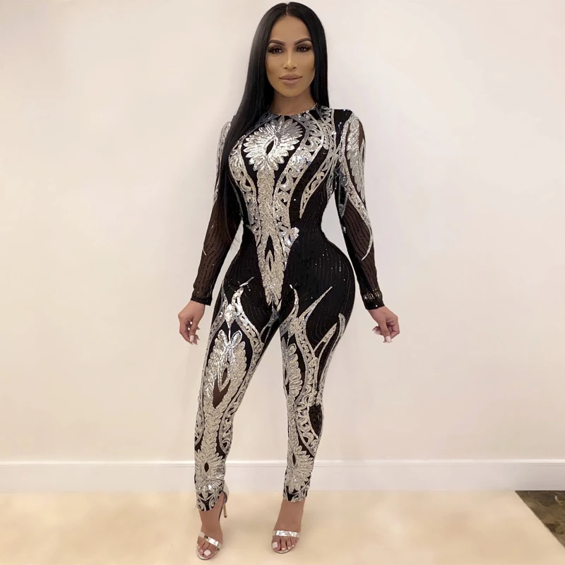 PinePear размера плюс золотые серебряные Сексуальные Sequin Bodycon Mesh комбинезоны женские перспективные вечерние Клубные комбинезоны длинные штаны Прямая поставка
