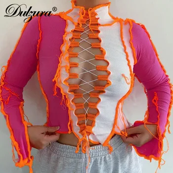 

Dulzura Ribbed Patchwork Women Hollow Out T Shirt Bandage Lace Up Cross Long Sleeve Bodycon Sexy Streetwear 2020 Autumn Winter