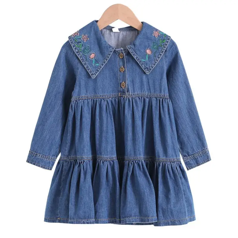 DFXD/платье для девочек-подростков возрастом от 3 до 12 лет Детские джинсы платье принцессы костюм с длинными рукавами и отложным воротником с вышивкой платья для девочек