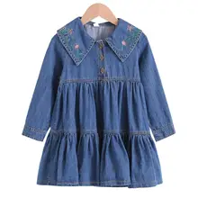 DFXD/платье для девочек-подростков возрастом от 3 до 12 лет Детские джинсы платье принцессы костюм с длинными рукавами и отложным воротником с вышивкой платья для девочек