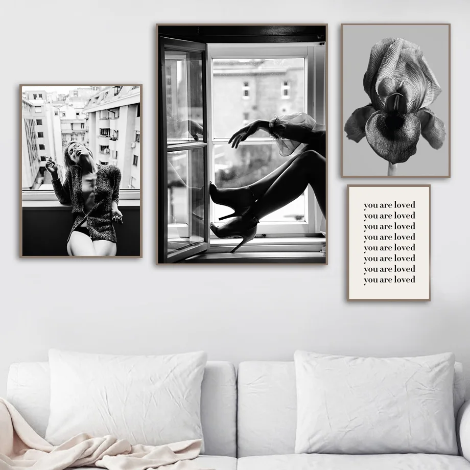 Sexy Girl Window Pink Flower Quotes Wall Art Canvas Painting Nordic Posters And Prints Wall Pictures For Living Room Home Decor