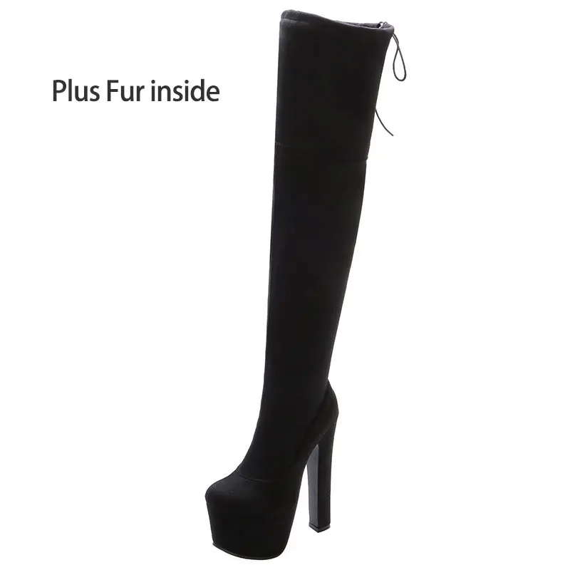 plus fur Flock black Lasyarrow/женские ботинки г. Большие размеры 33-43, модные женские ботфорты обувь на высоком квадратном каблуке женские черные высокие сапоги - Цвет: plus fur Flock black