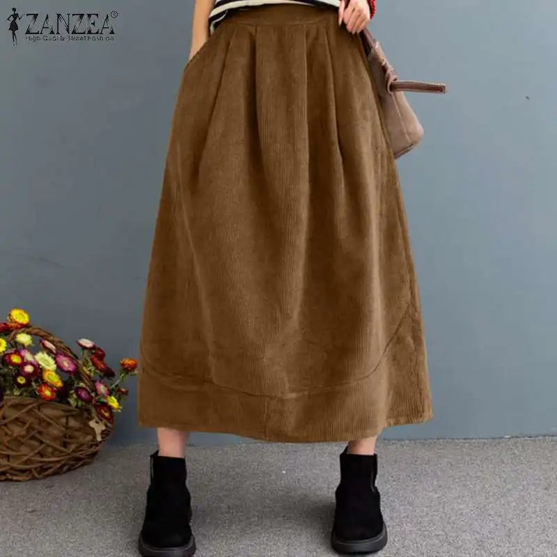 

Women Autumn Sundress ZANZEA 2023 Kaftan Corduroy Skirts Elastic Waist Maxi Vestido Female Solid Robe Femme Oversize Faldas Saia