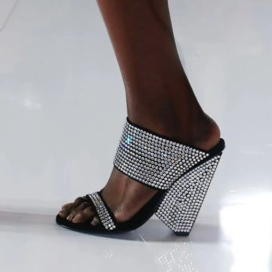 

Silver Rhinestone High Heel Shoes Women Ankle Wrap Chunky Spike Heels Pointed Toe Pumps 2019 Full Crystals Runway Party Shoes