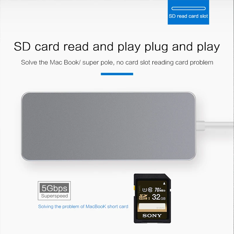 Type-C концентратор USB 3,0 7 Алюминиевый порт док-станция зарядка pd с TF и sd-слотом для карт с Rj45 Usb 2,0 Hdmi слот концентратор для Macbook