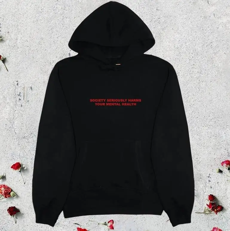 SOCIETY SERIOUSLY HARMS YOUR MENTAL HEALTH women Hoody Sweatshirt fashion outfits letter printed hoodies 90s aesthetic sweats - Цвет: Black-red txt