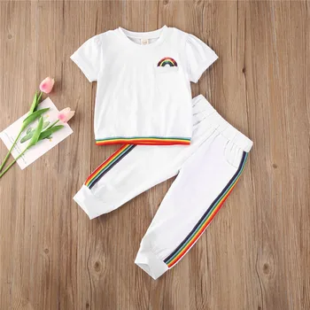 

2020 Summer Children Girls Clothing Toddler Baby Girls Rainbow Striped Print T-shirts Tops+Long Pants Leggings Tracksuits Suits