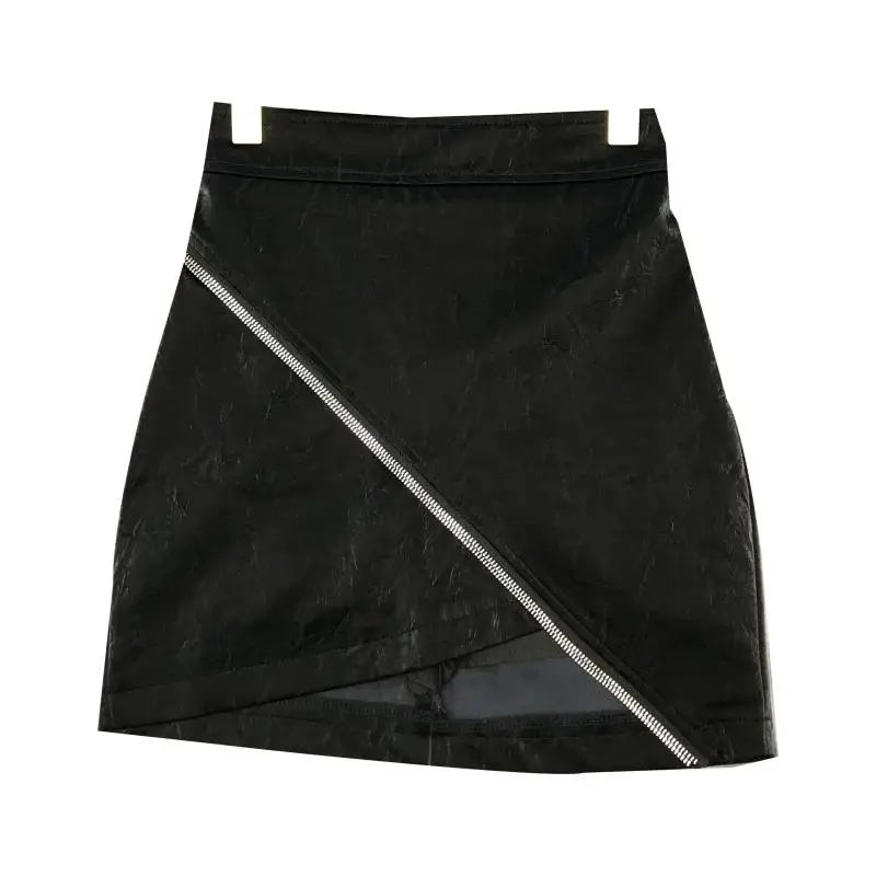 winter new oblique chain imitation leather texture package hip A word temperament skirt female