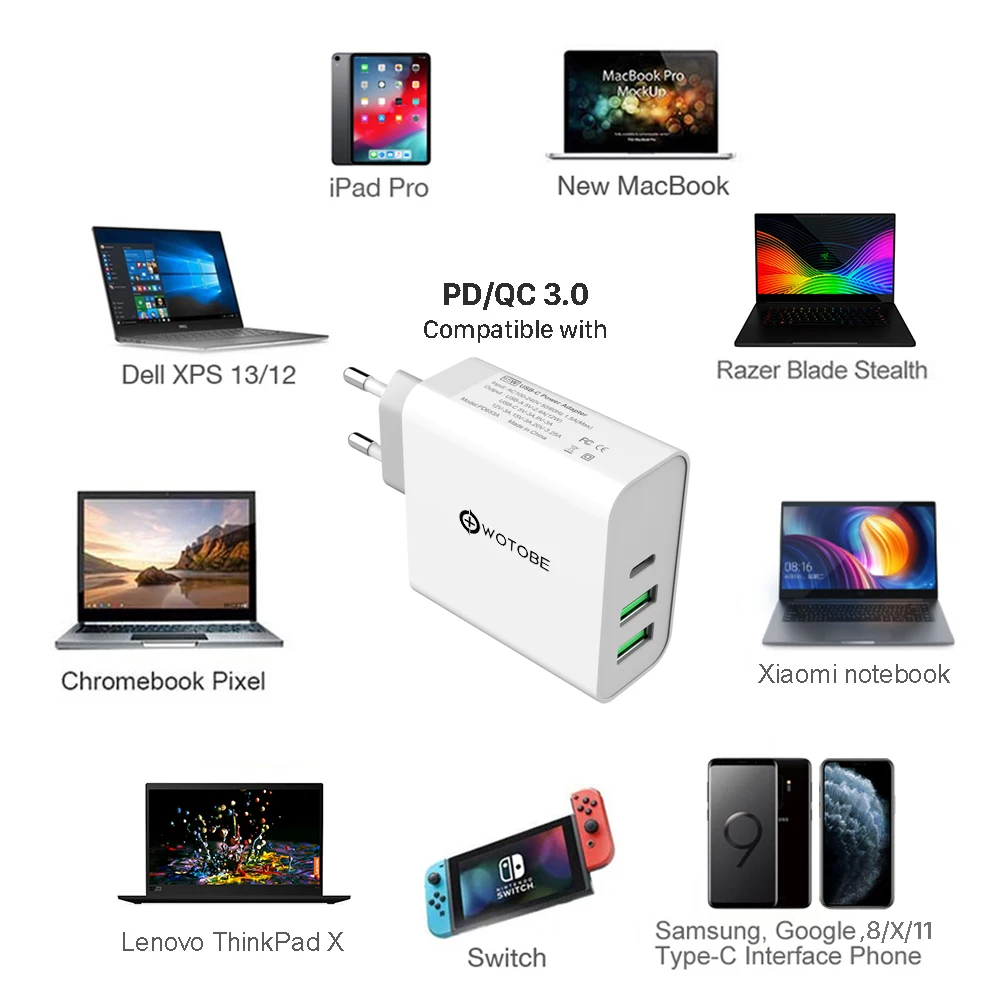 65 Вт TYPE-C USB-C адаптер питания, 1 порт PD60W QC3.0 зарядное устройство для USB-C ноутбуков MacBook Pro/Воздушный iPad Pro, 2 порта USB для S8/S10 iPhone