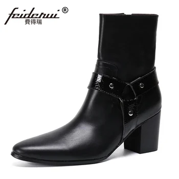 

Italian Designer Man Handmade Rocker Punk Shoes Genuine Leather Pointed Toe High Heels Men's Motorcycle Riding Ankle Boots SL837