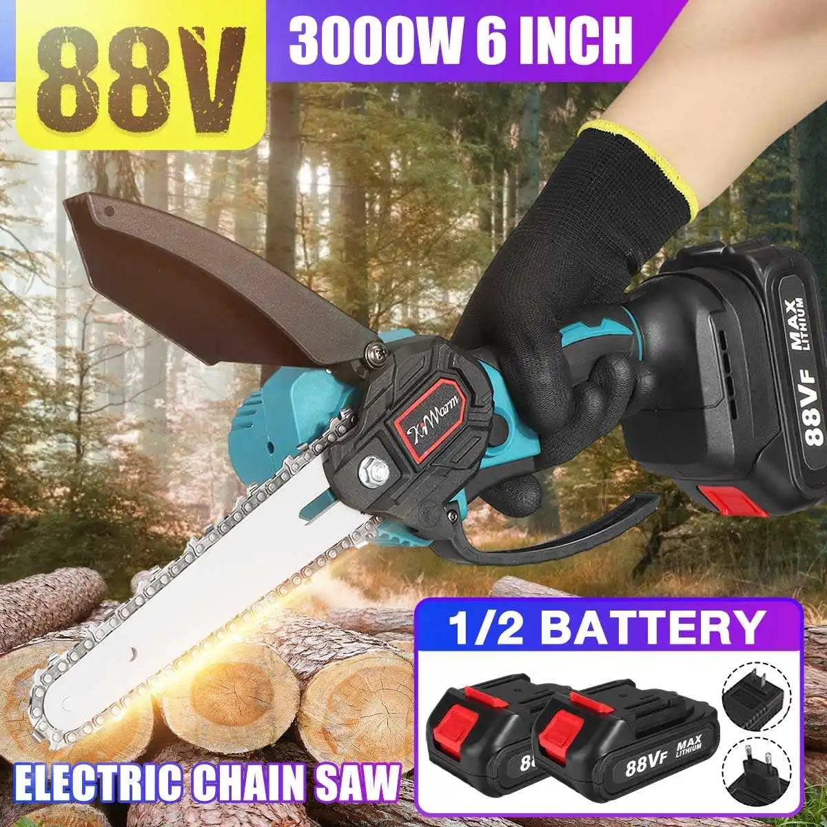 

3000W 6 Inch 88V Electric Chain Saw Cordless Pruning ChainSaw Garden Tree Logging Trimming Saw Woodworking Cutter Power Tool