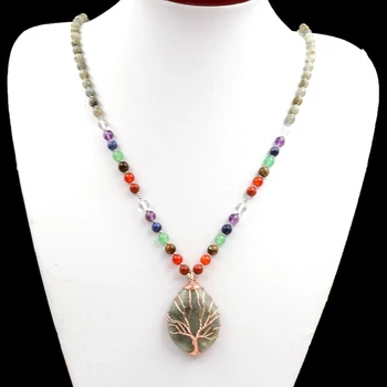 

Natural Gray Labradorite Beads Necklaces Charm Life of Tree With Big Labradorite Symmetrical 7Colors Chakra Necklaces For Women