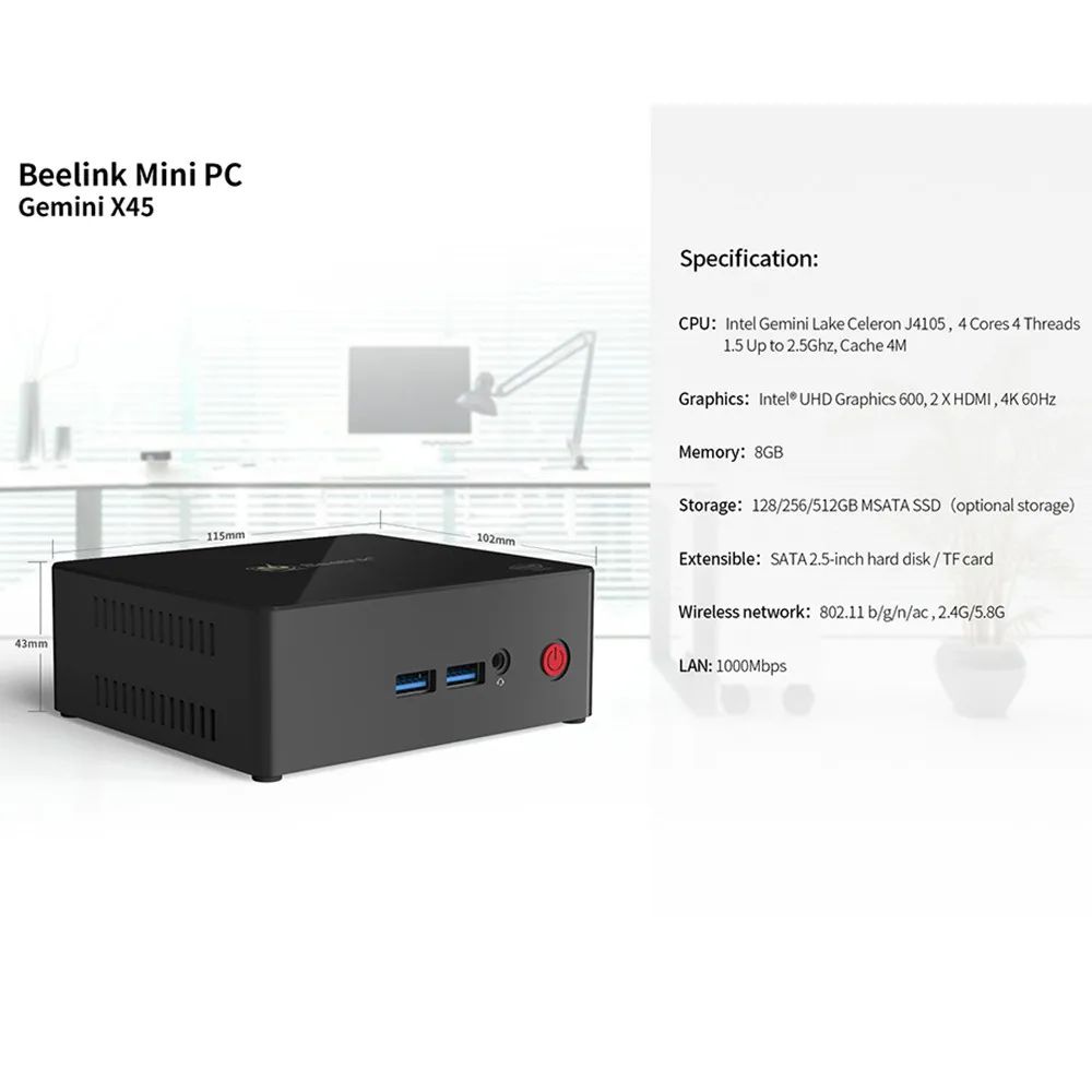 Мини-ПК Beelink Gemini X45 J4105 Win10 8 ГБ ОЗУ 256/512 ГБ mSATA SSD USB 3,0 1000 Мбит/с wifi BT4.0 мини-ПК Поддержка Windows и Linux