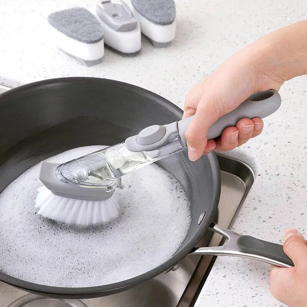 

Cleaning Brush With Detachable Head Detergent Dispenser Sponge Brush Dish Bowl Pot Washing Brush Kitchen Cleaning Tools