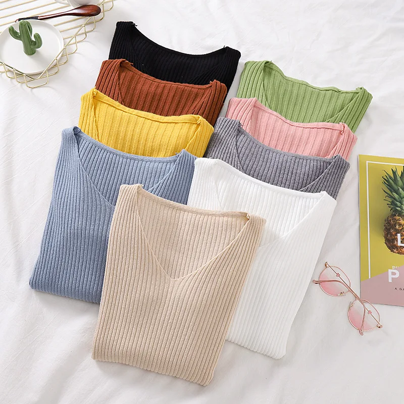Basic V-neck Solid Autumn Winter Sweater Pullover Women Female Knitted Slim Long Sleeve Clothes | Женская одежда