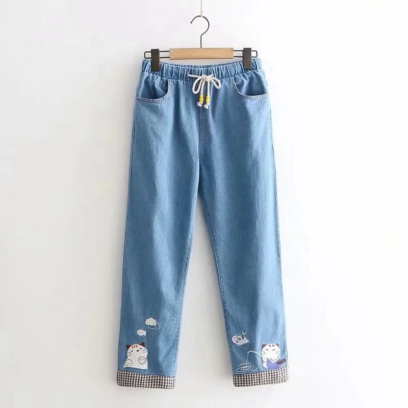 Осенние милые синие джинсовые брюки для девочек-подростков Мори кавайный мультипликационный котик повседневные брюки винтажные женские 90 студенческие стрейч джинсы с высокой талией