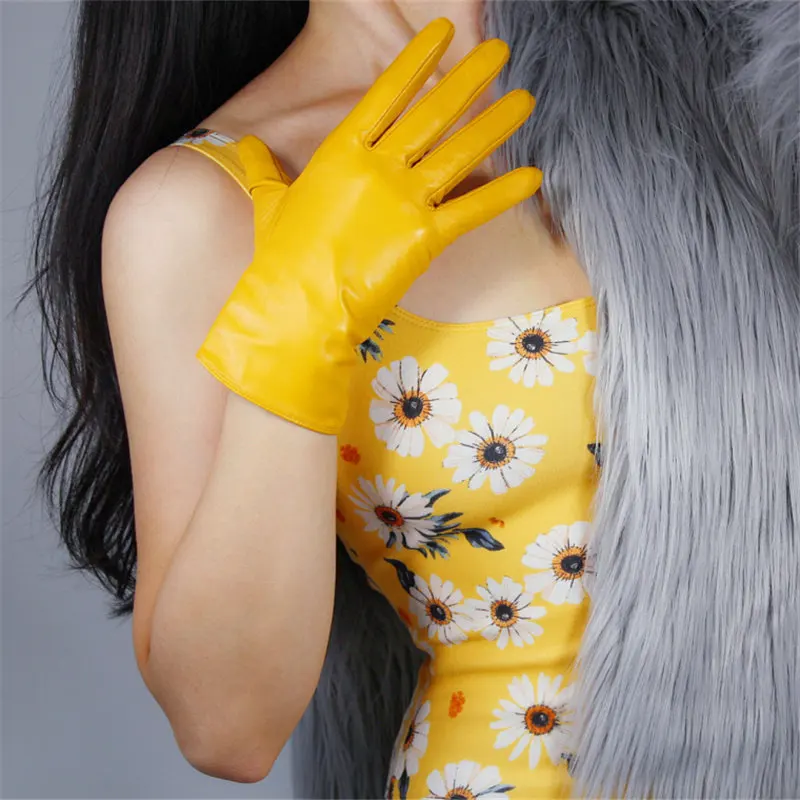 25 см женские перчатки из натуральной кожи короткие козья кожа тонкий бархат выстроились серый S00193-SH - Цвет: Yellow