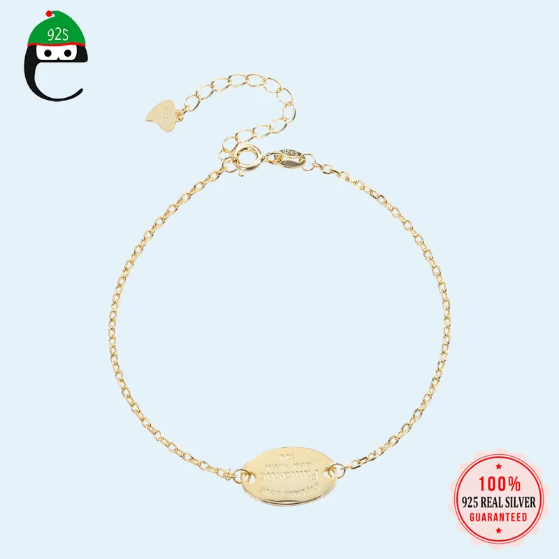 

ElfoPlataSi Genuine 100% 925 Sterling Silver Minimalist Gold English Letters 17cm Bracelet For Women Wedding Jewelry Gift DS1841