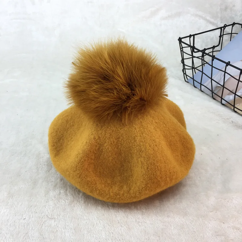 Autumn Winter Thick Wool Beret Women New Fashion Octagonal Cap Super Large Fox Fur Pompom Ball Painter Hat