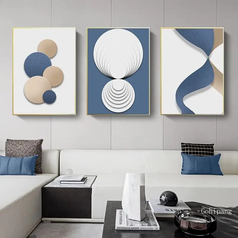 

Modern Abstract Geometric Canvas Painting Nordic Blue White Gold Color Wall Art Print Wall Pictures for Living Room Decoration