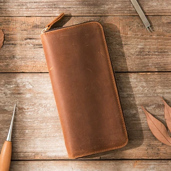 

Handmade Leather Men's Zip Wallet Long Large Capacity Multi Card Holder Frosted Wallet Men Purse Vintage Crazy Horse Leather