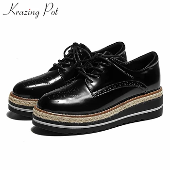 

Krazing pot genuine leather mixed colors British school thick bottom shoes round toe high heels women lace up basic pumps L20