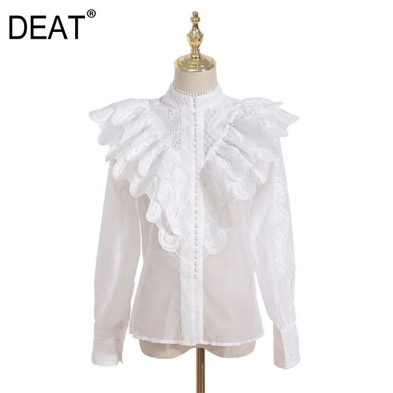 Женский Кружевной Костюм DEAT синяя рубашка с оборками и воротником-стойкой поясом