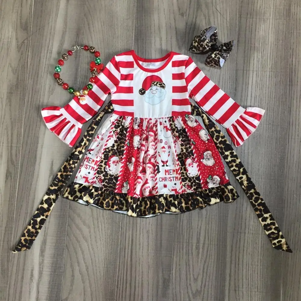 Online Bebé niñas vestido de Navidad niñas vestido de giro niñas vestido de rayas rojas con santa claus falda con estampado de leopardo accesorios a juego