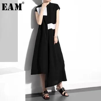 

[EAM] Women Black Contrast Color Split Black Long Dress New Stand Collar Sleeveless Loose Fit Fashion Spring Summer 2020 1T360