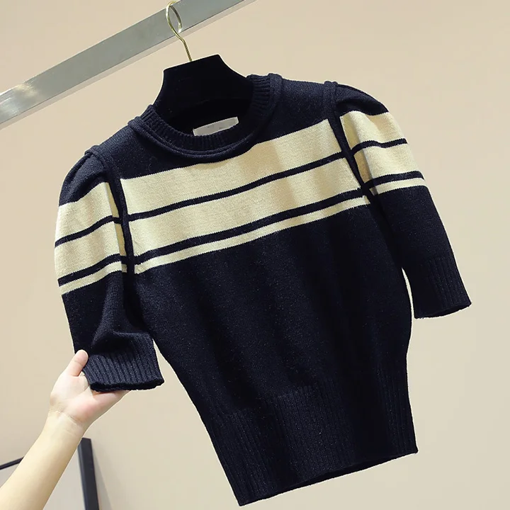 Новинка в Корейском стиле colorblock(цветовой блок), прошитая, с короткими рукавами шорты Модный вязаный свитер для женщин
