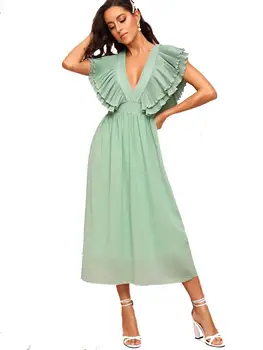 

Woman Striped Boho Summer vestidolotus leaf sleeve deep v-neck chiffon sexy evening long dress