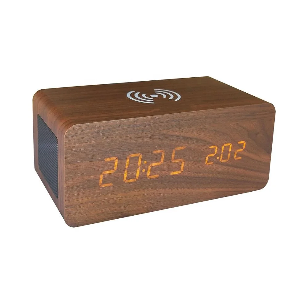 

Wireless charger bluetooth speaker digital clock with sound control and temperature display wooden alarm clock