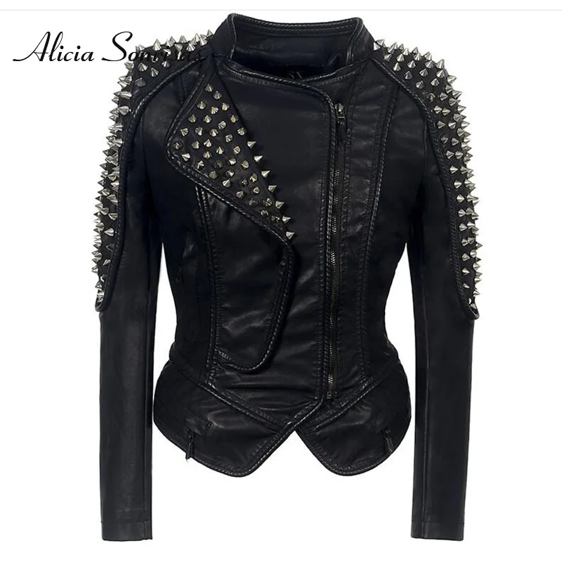 

Women Leather Jacket New Spikes Stars Slim Metal Silver Rivet Metallic PU Punk Biker Coats SX01