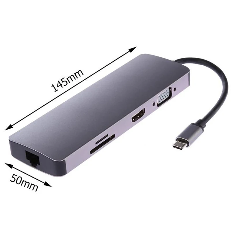 Тип C концентратор 9 в 1 Usb-C до 4K Hdmi Pd Vga 3Xusb3. 0 Tf карта Rj45 Lan адаптер конвертер провода кабель