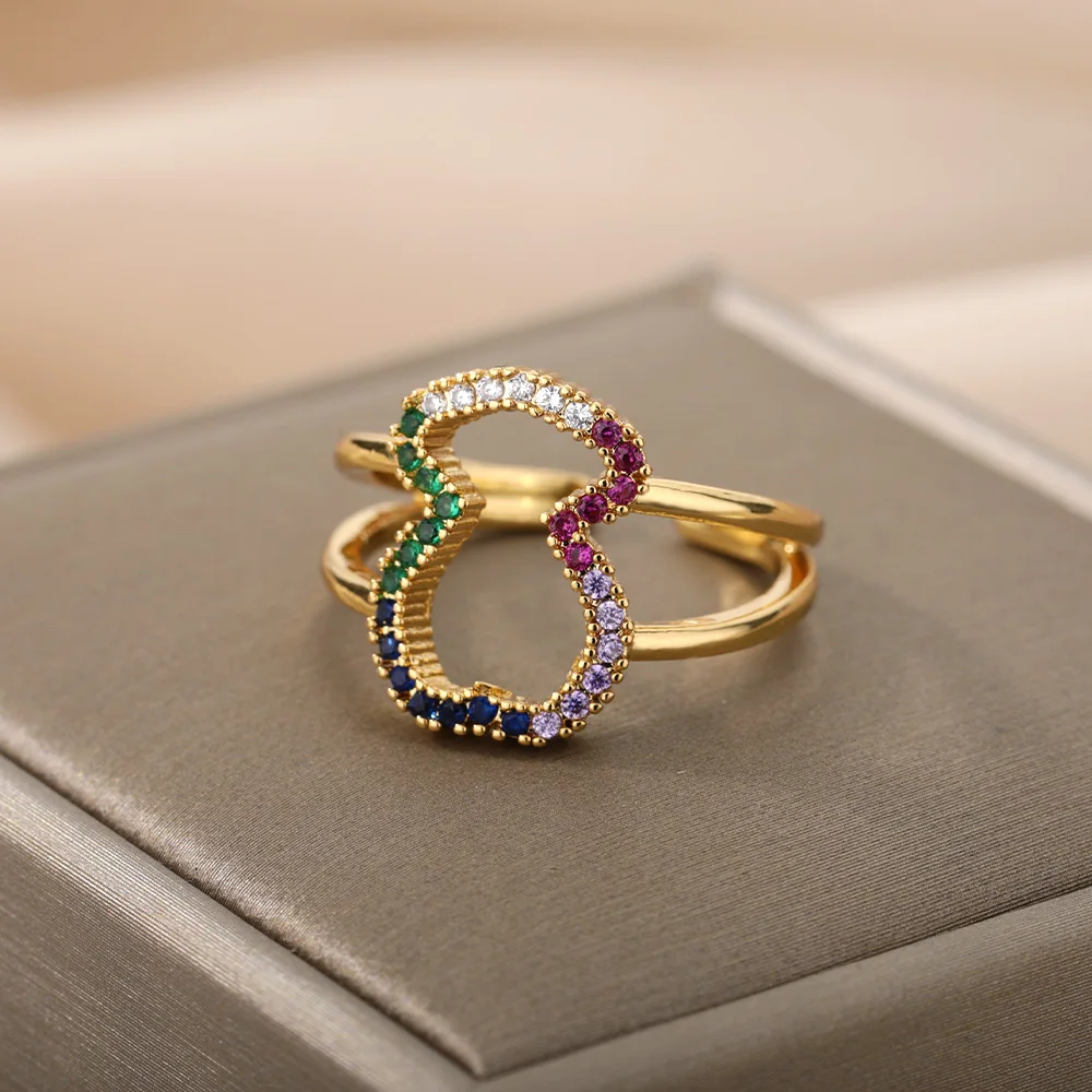 Gold Plated Stainless Steel Adjustable Statement Ring With Colorful Geometric Zircons Design