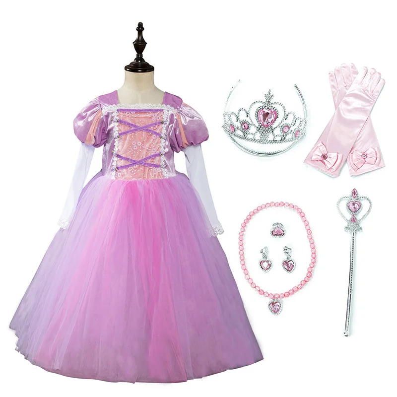 Dress A and Set-1 Платье Рапунцель для девочек; детская одежда с длинными рукавами; Детский карнавальный костюм на Рождество; осенний костюм для девочек; парик и аксессуары - Цвет: Dress A and Set-1
