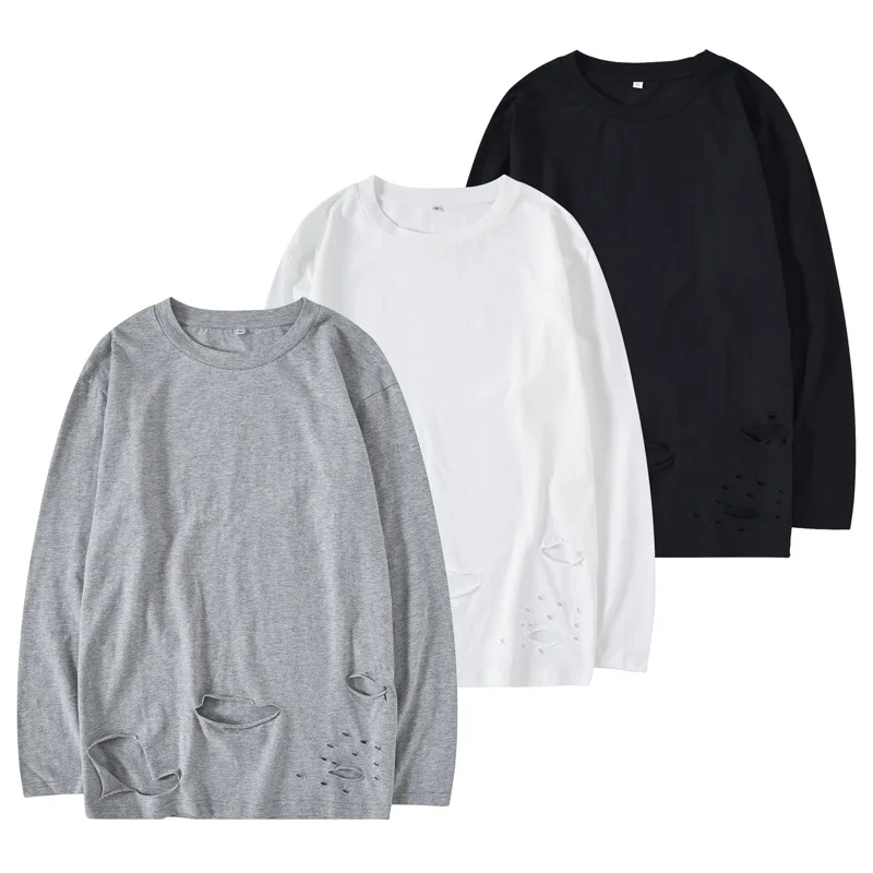 QoolXCWear рваная футболка с дырками Мужская Повседневная футболка большого размера с круглым вырезом и длинным рукавом, однотонная уличная одежда, рубашка 2086