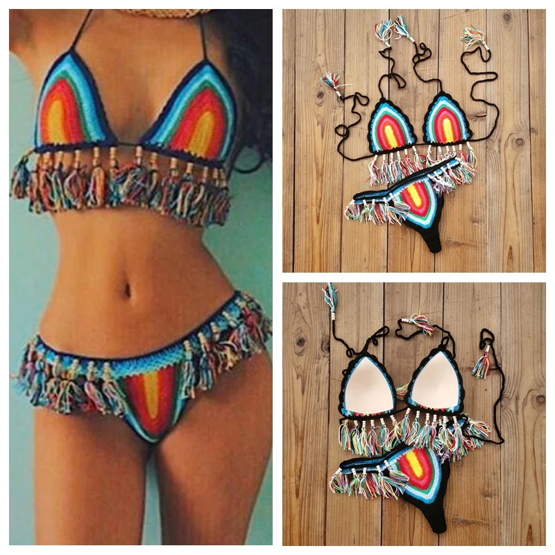 

2020 New handmade crochet bikini sets sexy women knitted Rainbow Tube swimwear bathing suit swimwear