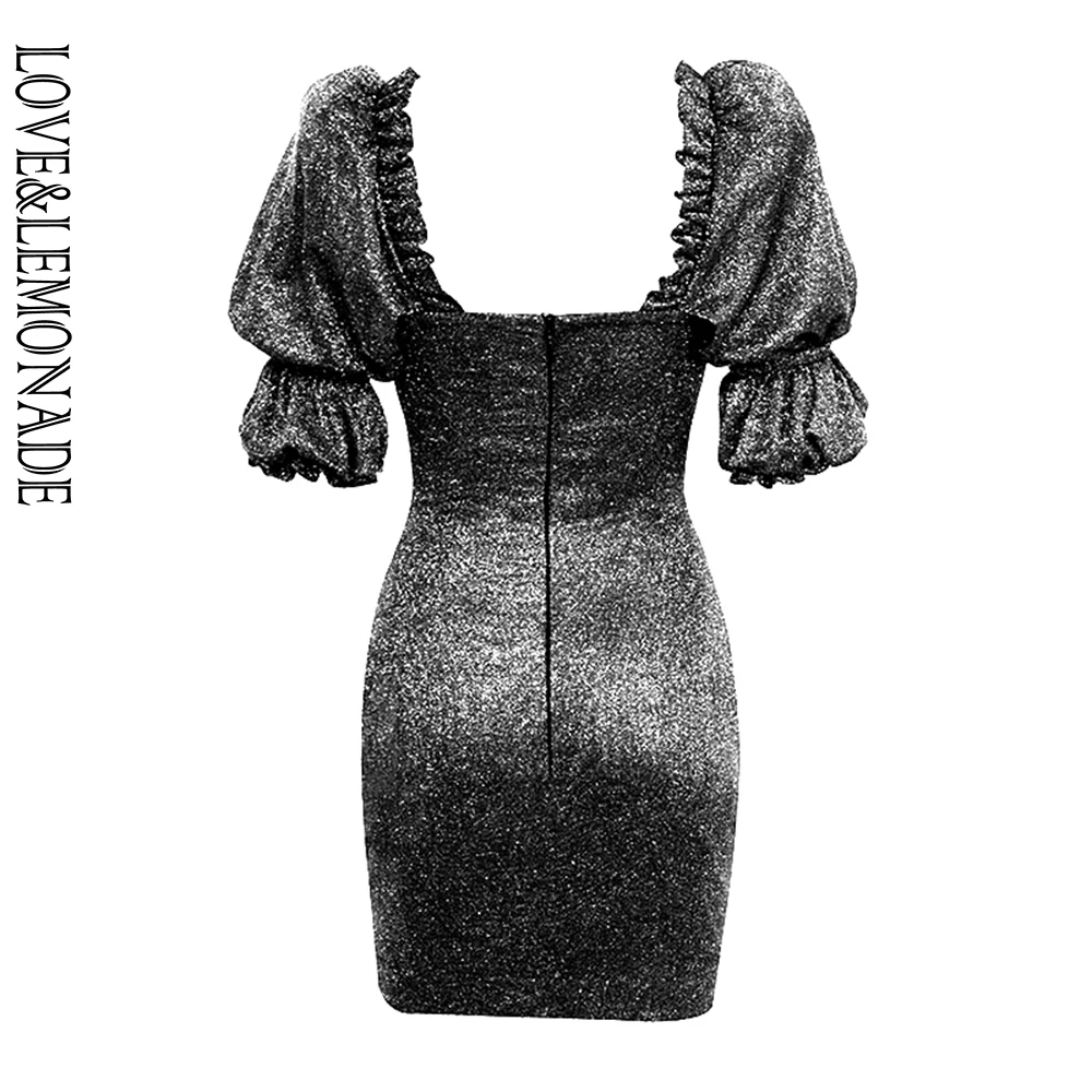 LOVE& LEMONADE Сексуальные Серебряные бандо пузырьки с коротким рукавом Bodycon Светоотражающие вечерние мини-платья LM90173
